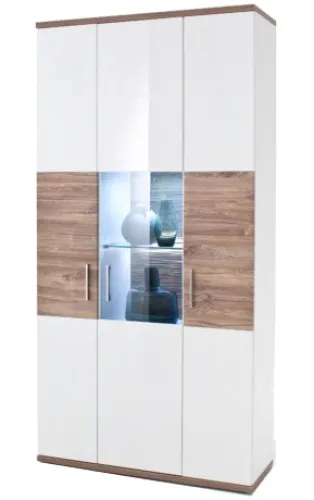 Kombi-Vitrine Luzern | weiß Hochglanz / Sterling Oak | LED Beleuchtung Komplettset