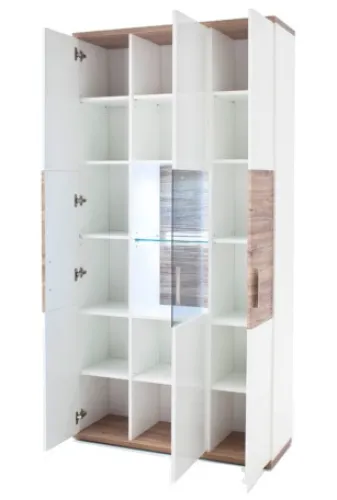 Kombi-Vitrine Luzern | weiß Hochglanz / Sterling Oak | LED Beleuchtung Komplettset