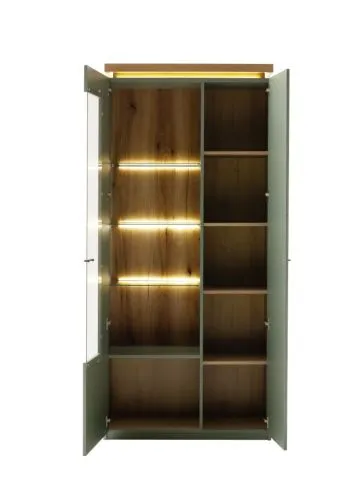 Kombi-Vitrine Moniz | Salbei grün / Eiche Evoke | LED Beleuchtung