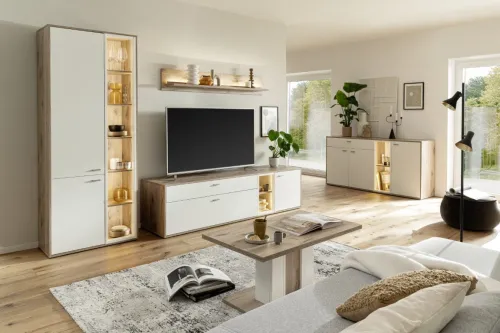 Kombi-Vitrine Santerno | Soft white / Viking Oak | mit Beleuchtung