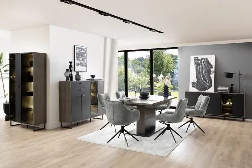 Kombi-Vitrine Venezia 2 | Softblack / Vulcano Eiche | mit Rückwandbeleuchtung