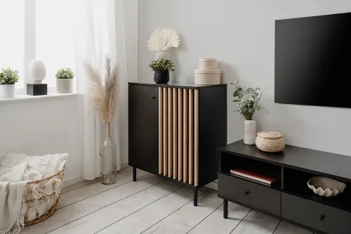 Kommode Monza | mit 3D-Lamellen | Artisan Oak / schwarz