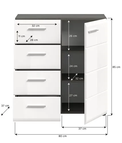 Kommode Salsa 1 | weiß Hochglanz / rauchsilber