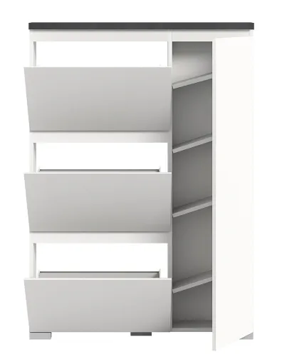 Kommode Schuhschrank Shoelove mit Schubkasten | weiß / Industrial grau | mit Beleuchtung 95 cm x 130 cm x 18 cm