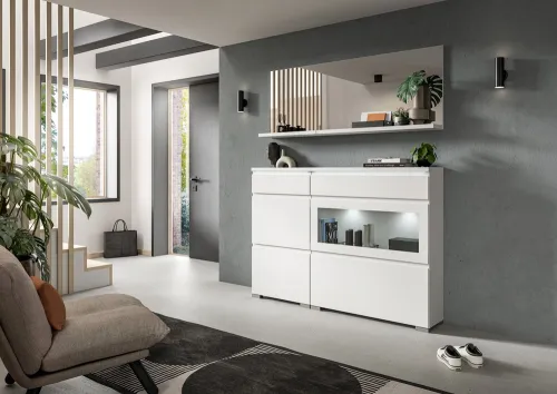 Kommode Schuhschrank Shoelove mit Schubkasten | weiß mit 3er Set LED Unterbauspot