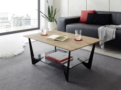 Couchtisch Leon mit Glasablageplatte | 90x60 | Eiche massiv