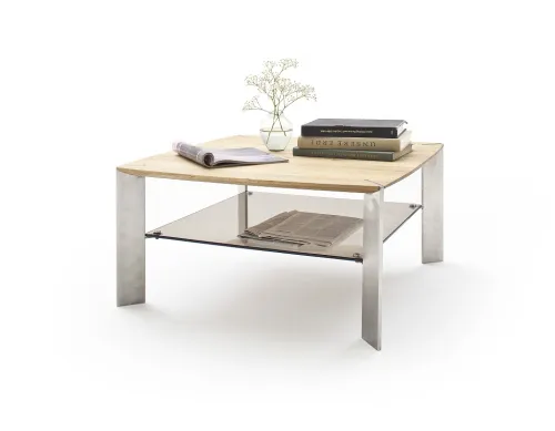 Couchtisch Nelia | Asteiche massiv | mit Glasablage | 80x80 | Eiche