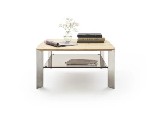 Couchtisch Nelia | Asteiche massiv | mit Glasablage | 80x80 | Eiche