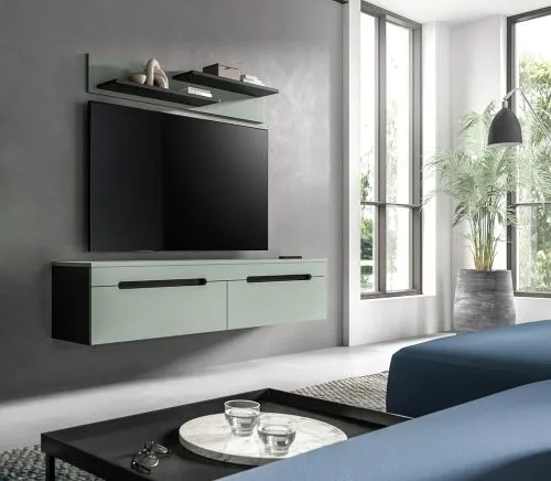 Lowboard inkl. Wandboard Canu | Basalt grau / Smoke Green