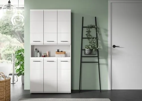 Mehrzweckschrank Ice, weiß Hochglanz, 3×3 Fächerfronten mit Griffmulden, mittleres Fach offen, Standfüße – Ansicht 7