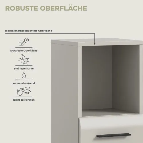 Midischrank Ice, Kaschmir matt, im Wohnzimmer, mit offener Nische und Schubkästen – Ansicht 8