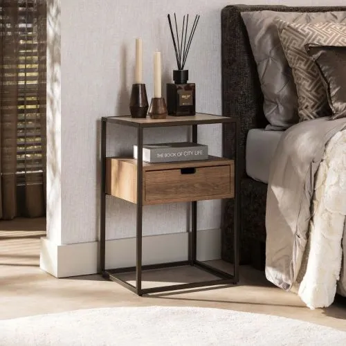 Nachttisch Firi | mit Schubkasten | Keramik travertin | Eiche