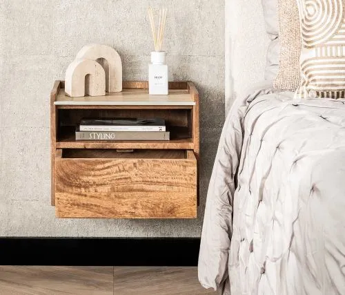 Nachttisch Helm | mit Schubkasten | Mangoholz | sandfarbe