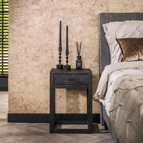 Nachttisch Kurai | mit Schubkasten | Akazie massiv | schwarz