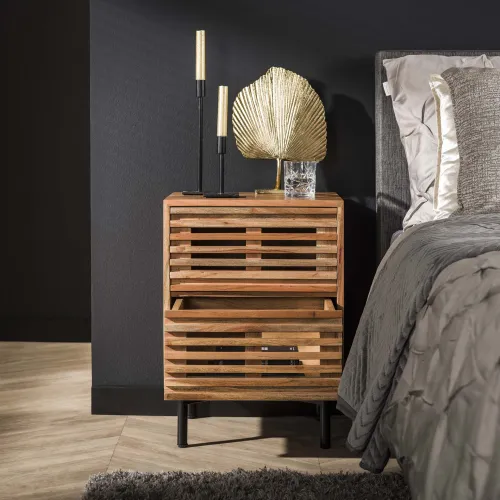 Nachttisch Levi | mit Schubkästen | Akazie massiv | Lamellen | natur