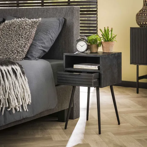 Nachttisch Loren | mit Schubkasten | Mango massiv | schwarz