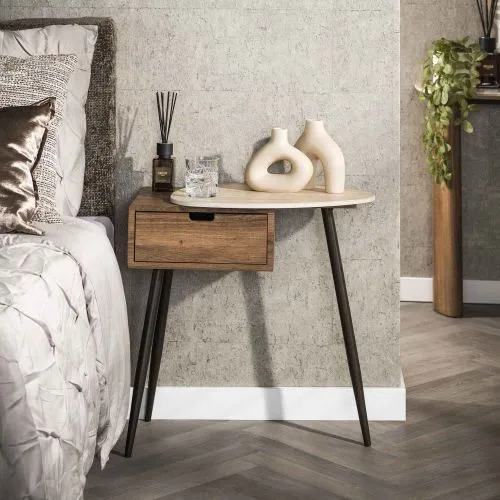 Nachttisch Pula | Rechtsseitige Tischplatte | Keramik travertin | Eiche