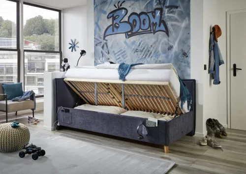 Polsterbett Fun | dunkelblau | 120 x 200 cm | mit Rückenteil | mit Bettkasten | mit Matratze