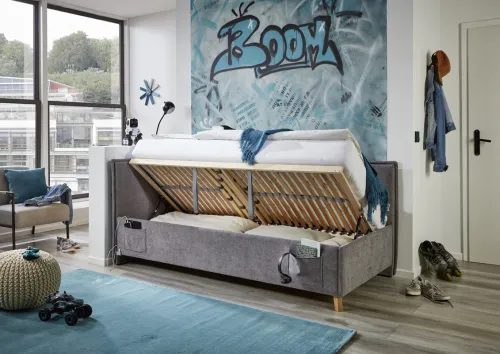 Polsterbett Fun | grau | 90 x 200 cm | mit Rückenteil | mit Bettkasten | ohne Matratze