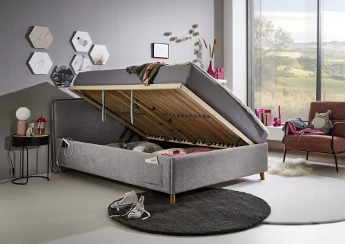 Polsterbett Fun | grau | 90 x 200 cm | ohne Rückenteil | mit Bettkasten | mit Matratze