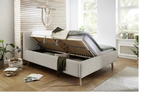 Polsterbett Mattis | beige Flausch | 180 x 200 cm | mit Lattenrost & Bettkasten