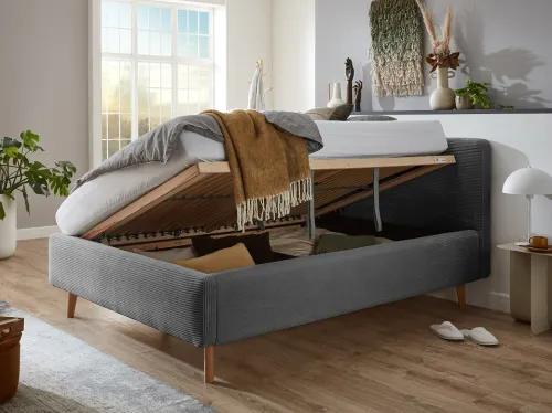 Polsterbett Mattis Cord | grau | 160 x 200 cm | mit Lattenrost & Bettkasten
