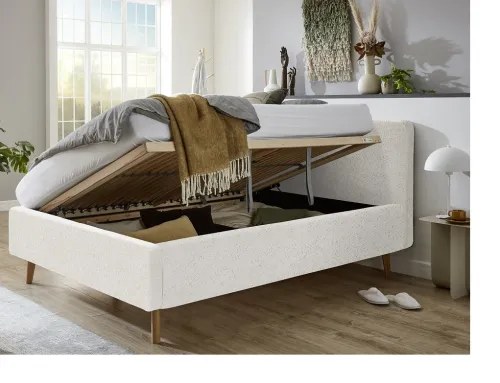 Polsterbett Mattis | weiß Flausch | 140 x 200 cm | mit Lattenrost & Bettkasten