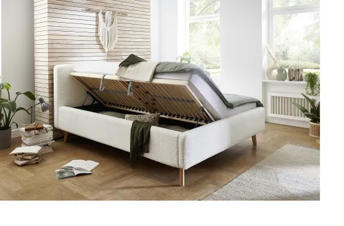 Polsterbett Mattis | weiß Flausch | 180 x 200 cm | mit Lattenrost & Bettkasten