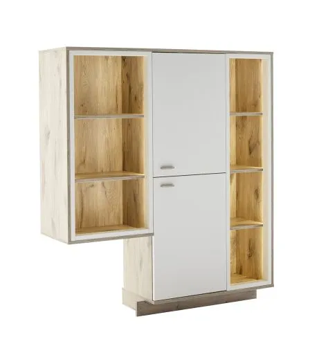 Regalschrank Highboard Santerno | Soft white / Viking Oak | mit Beleuchtung 125 cm