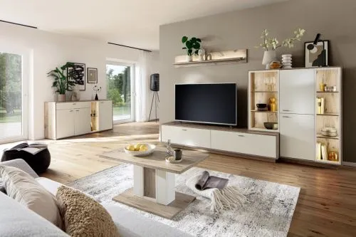 Regalschrank Highboard Santerno | Soft white / Viking Oak | mit Beleuchtung 125 cm