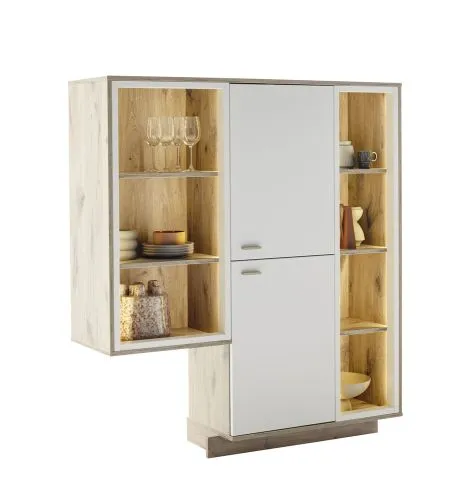 Regalschrank Highboard Santerno | Soft white / Viking Oak | mit Beleuchtung 85 cm