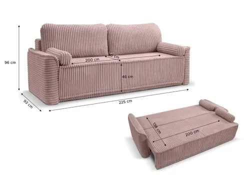 Schlafsofa 3-Sitzer Grubs | 225cm | Cord | rosa