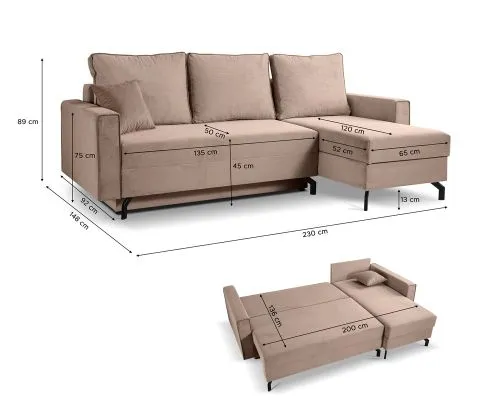 Schlafsofa Marti L-Form rechts | 230cm | Cord | altrosa