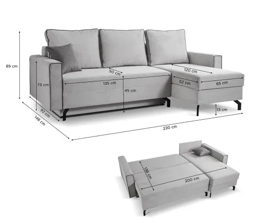 Schlafsofa Marti L-Form rechts | 230cm | Cord | hellgrau