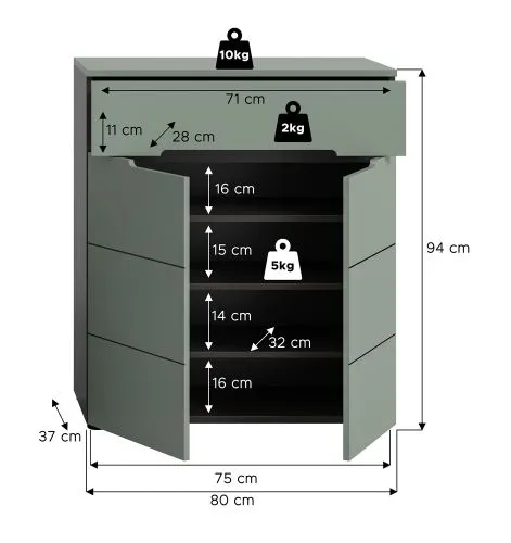 Schuhschrank | Kommode Canu | Smoke Green / Basalt grau