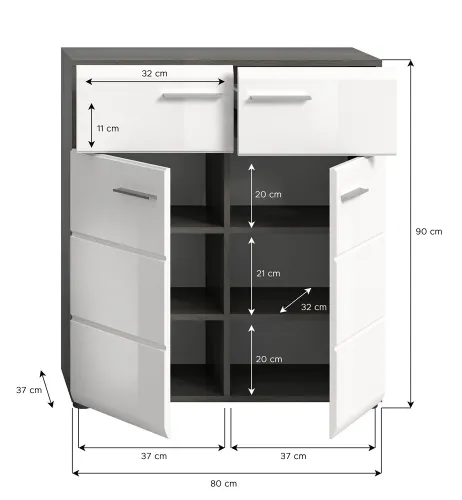 Schuhschrank | Kommode Salsa | weiß Hochglanz / rauchsilber