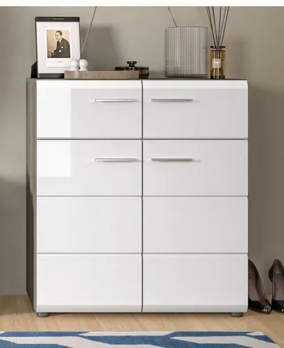Schuhschrank | Kommode Salsa | weiß Hochglanz / rauchsilber