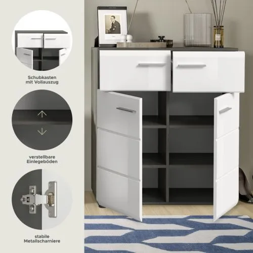 Schuhschrank | Kommode Salsa | weiß Hochglanz / rauchsilber