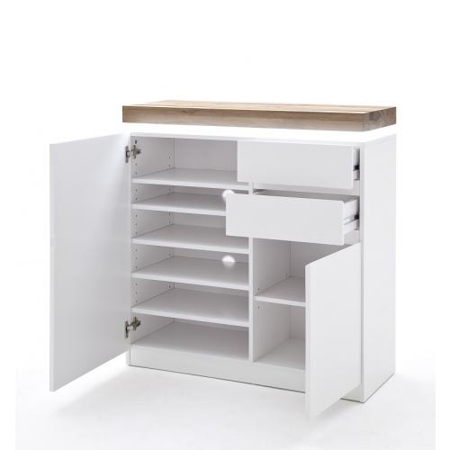 Schuhschrank Romina | weiß matt / Asteiche massiv | LED Beleuchtung