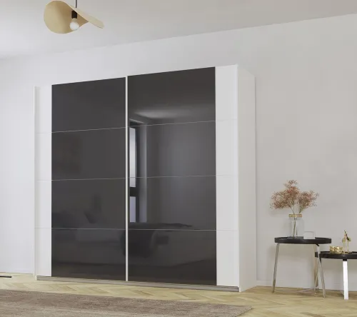 Schwebetürenschrank Artemis | mit Glastüren | alpinweiß / basalt grau | 226 x 210 x 62 cm