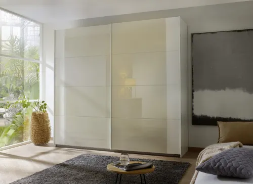 Schwebetürenschrank Artemis | mit Glastüren | alpinweiß / champagner | 226 x 210 x 62 cm