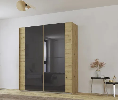 Schwebetürenschrank Artemis | mit Glastüren | Eiche Artisan / basalt grau | 181 x 210 x 62 cm