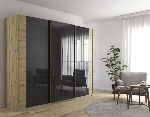 Schwebetürenschrank Artemis | mit Glastüren | Eiche Artisan / basalt grau | 271 x 210 x 62 cm