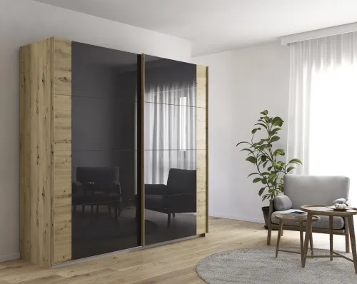 Schwebetürenschrank Artemis | mit Glastüren | Eiche Artisan / basalt grau | verschiedene Größe