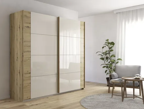 Schwebetürenschrank Artemis mit Glastüren | Eiche Artisan / champagner | 226 x 210 x 62 cm