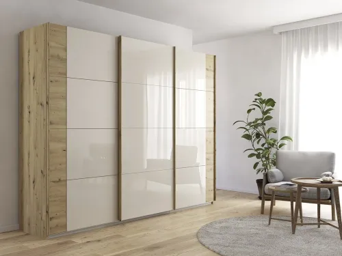 Schwebetürenschrank Artemis | mit Glastüren | Eiche Artisan / champagner | 271 x 210 x 62 cm