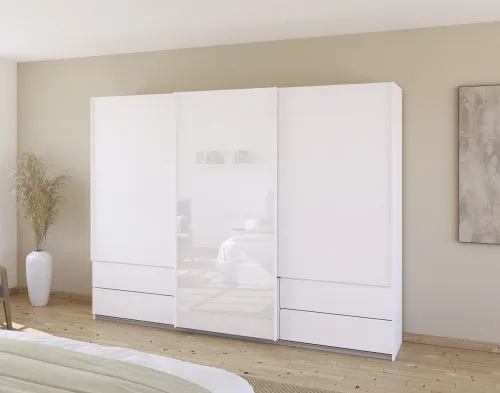 Schwebetürenschrank Elara mit Glas | alpinweiß / weiß | verschiedene Größe