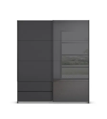 Schwebetürenschrank Elara mit Glas | grau metallic / basalt grau | 181 x 210 x 62 cm