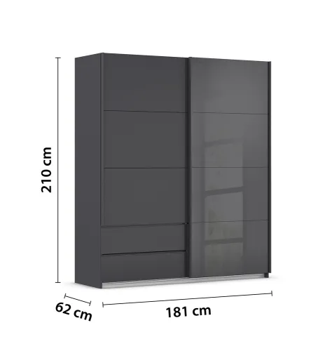 Schwebetürenschrank Elara mit Glas | grau metallic / basalt grau | 181 x 210 x 62 cm