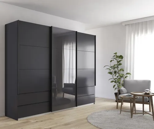 Schwebetürenschrank Elara mit Glas | grau metallic / basalt grau | verschiedene Größe